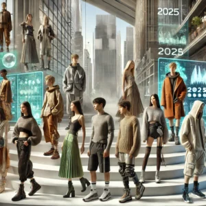 For the alt text, you could use something like: "Futuristic fashion scene for 2025 with models wearing bold, sustainable, and innovative styles, featuring eco-friendly fabrics, gender-neutral clothing, and futuristic accessories in a modern urban setting."