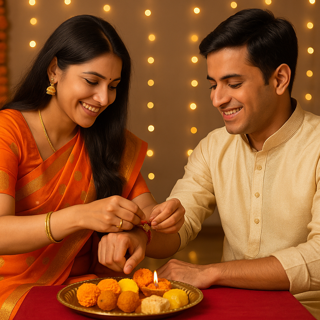Raksha Bandhan 2025: Sister tying rakhi on brother's wrist with decorated thali, sweets, and traditional Indian festive background