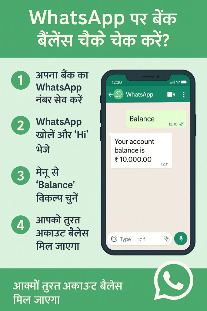 WhatsApp पर केवल “Hi” भेजकर जानें अपना बैंक बैलेंस। SBI, HDFC, ICICI जैसे सभी बैंकों का स्टेप-बाय-स्टेप तरीका यहाँ पढ़ें।