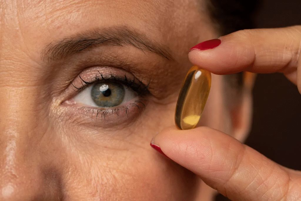 Lady with omega 3 capsule eye featured